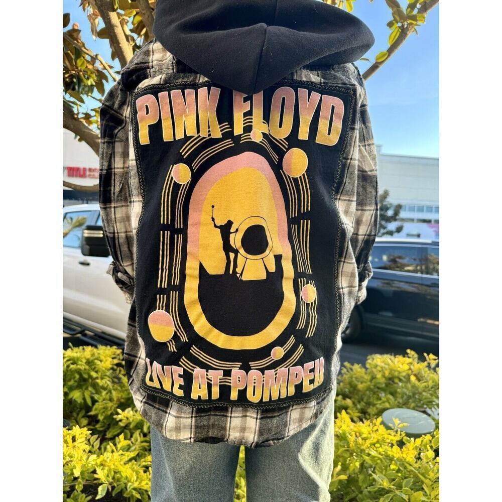PINK FLOYD 60s 70s Rock Retro Vintage Upcycled Plaid Hooded Flannel Kids Sz M